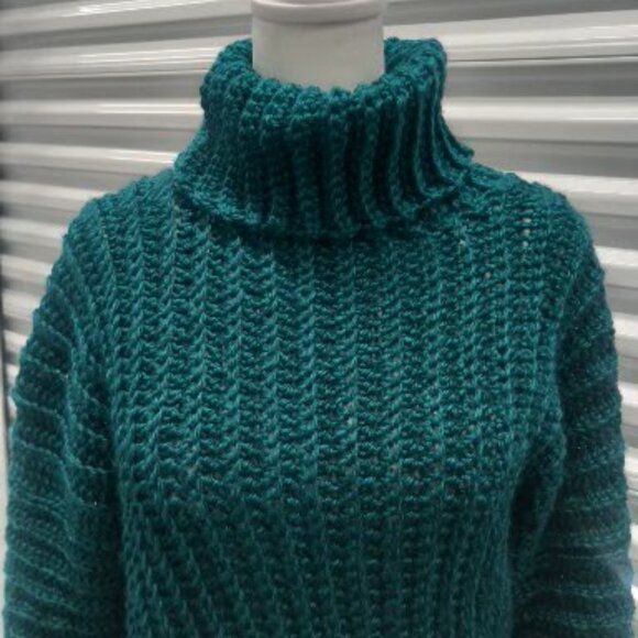 Handmade Chunky Sweater Womens Small Teal Crochet Cowlneck Oversized - Picture 2 of 4